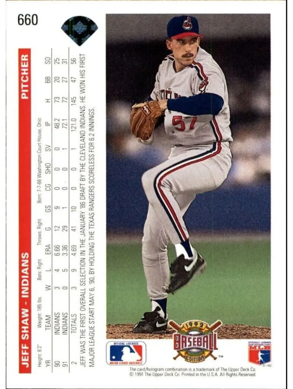 Jeff Shaw 1992 Upper Deck MLB #660 Baseball Card Cleveland Indians
